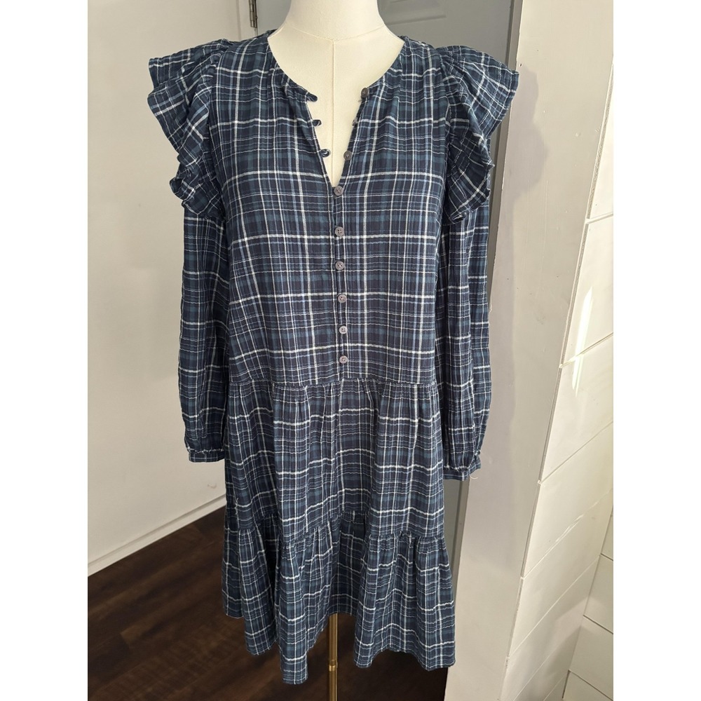 Madewell Dress Womens XXS Blue Plaid Ruffle Henley Long Sleeve Swing Tiered Mini